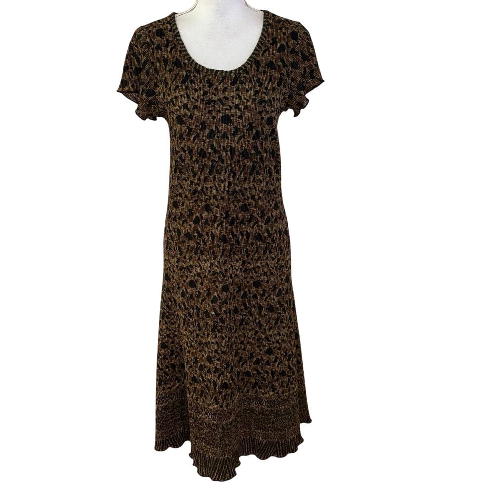 Vintage Rikki Sue Size M Animal Print Midi Dress Crinkle Retro Y2K 90s USA Made